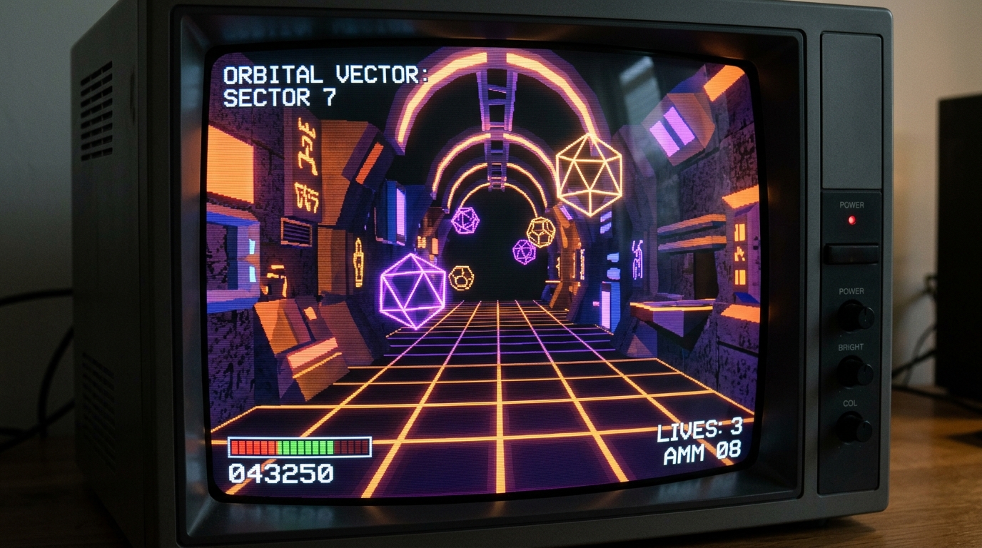 Illustrative AI-generated retro 32-bit CRT monitor scene